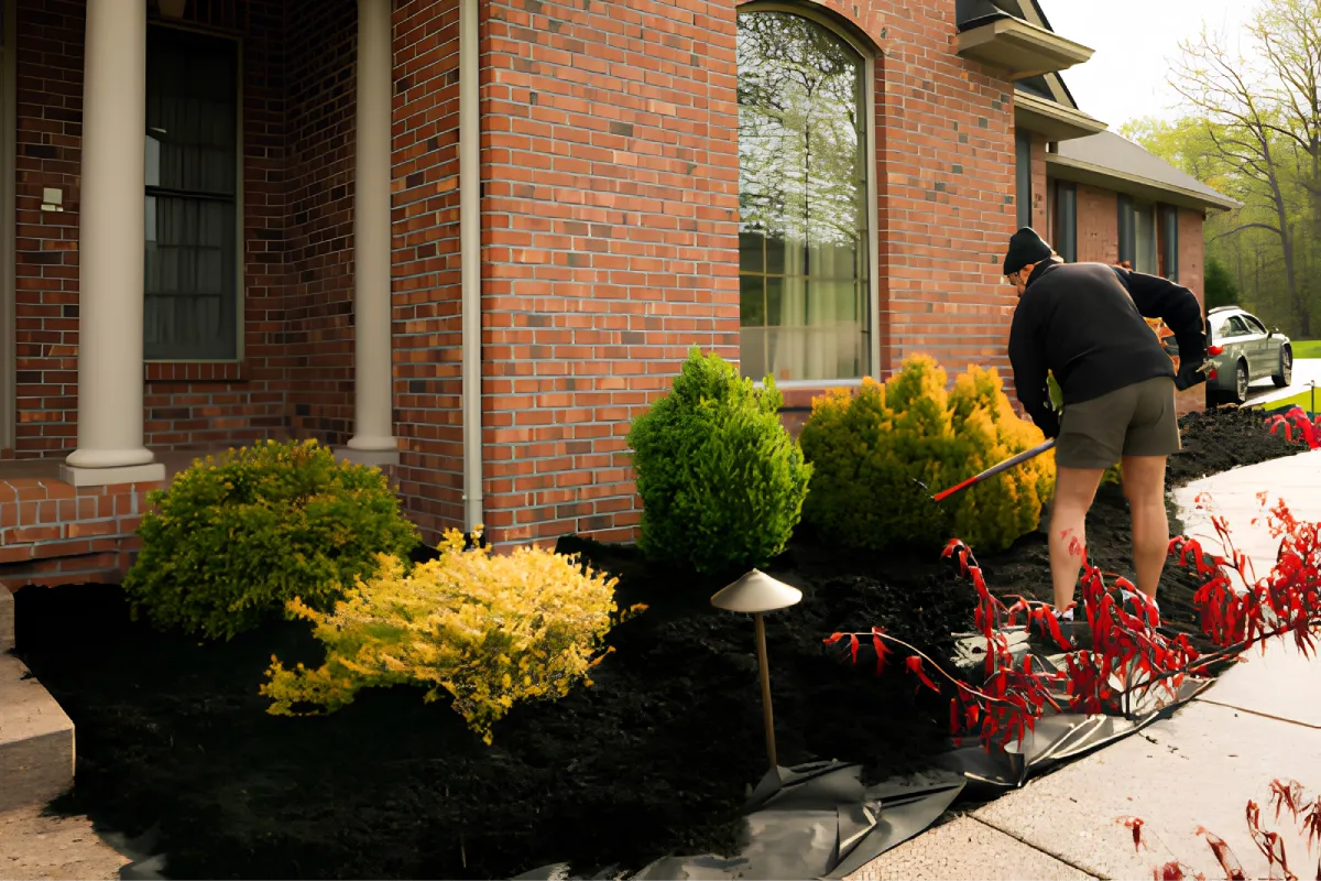 Worker spreading black mulch in a front garden bed.