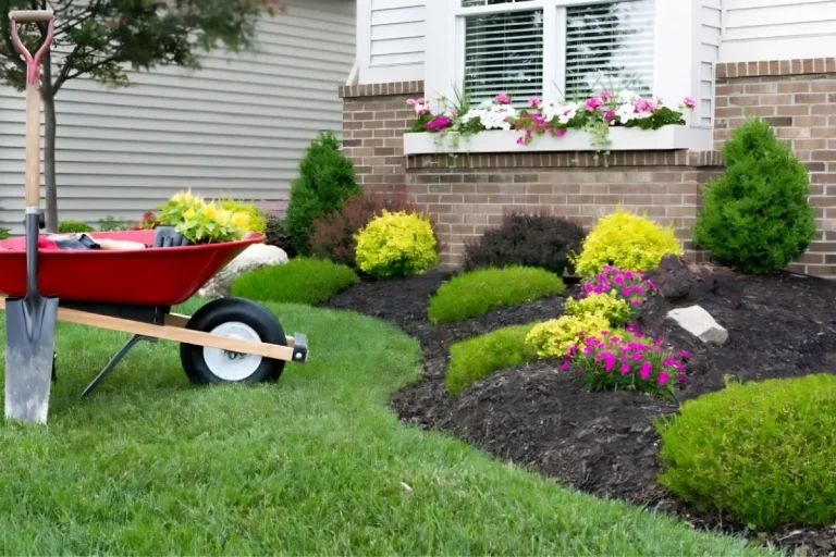 Freshly mulched garden bed with flowers and shrubs.