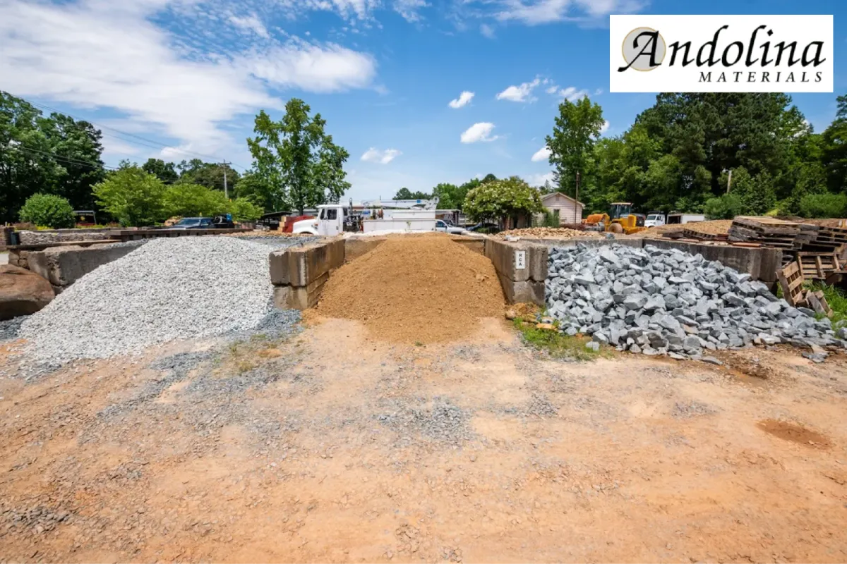 Landscape supply yard with gravel sand and stone piles