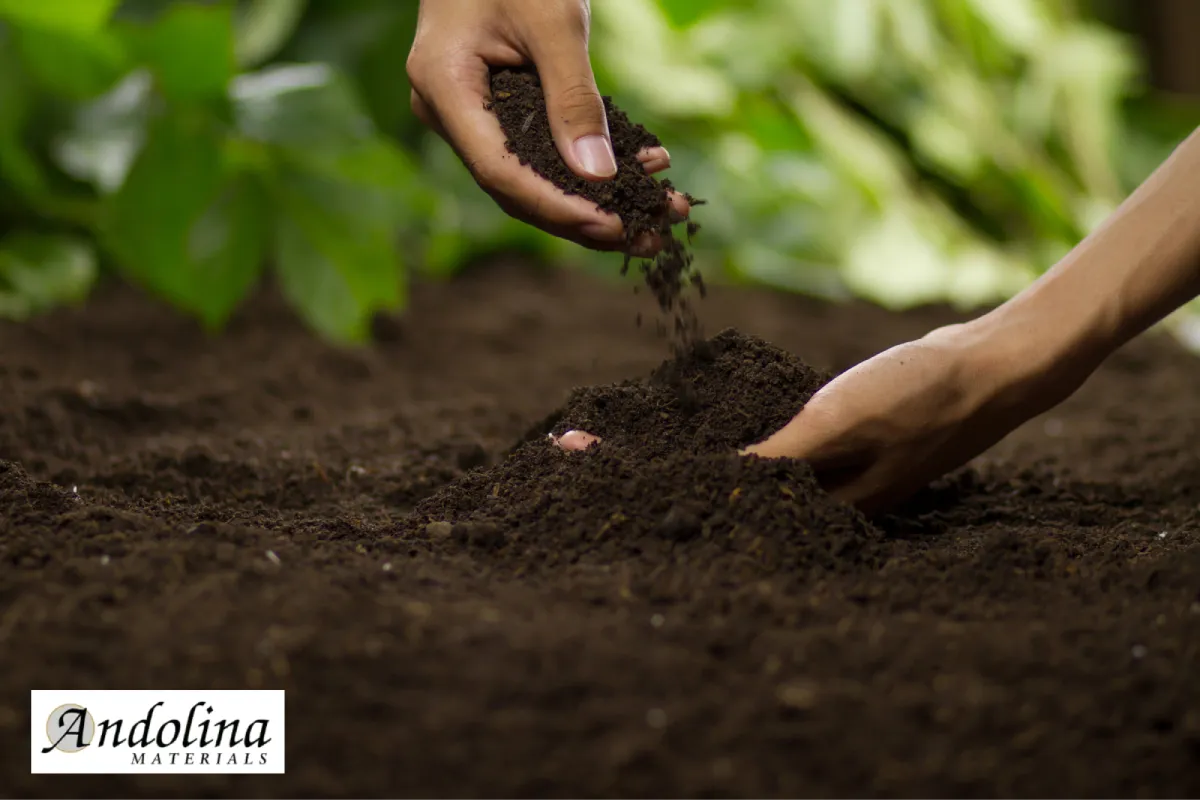 Hands spreading rich topsoil for planting.