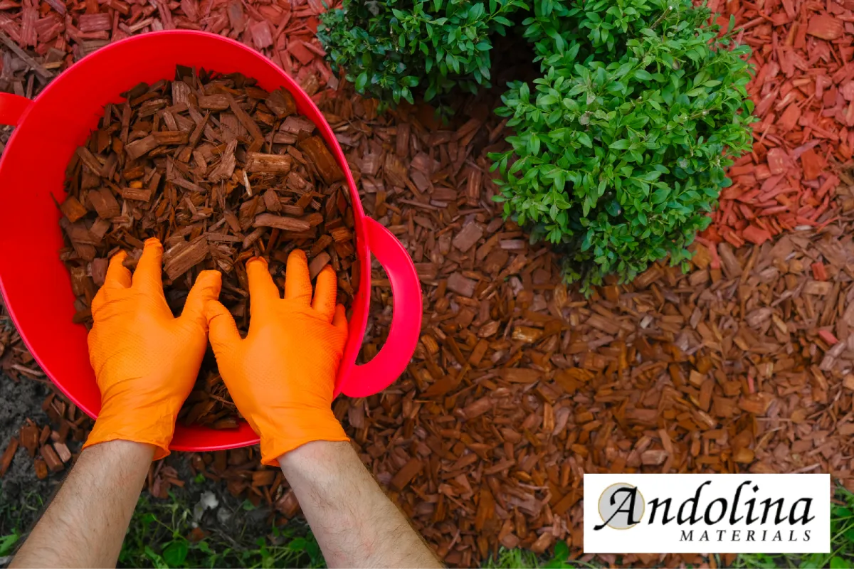Mulch delivery supply being spread in a landscaped garden area